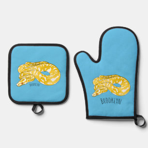 Burmese python snake cartoon illustration oven mitt & pot holder set