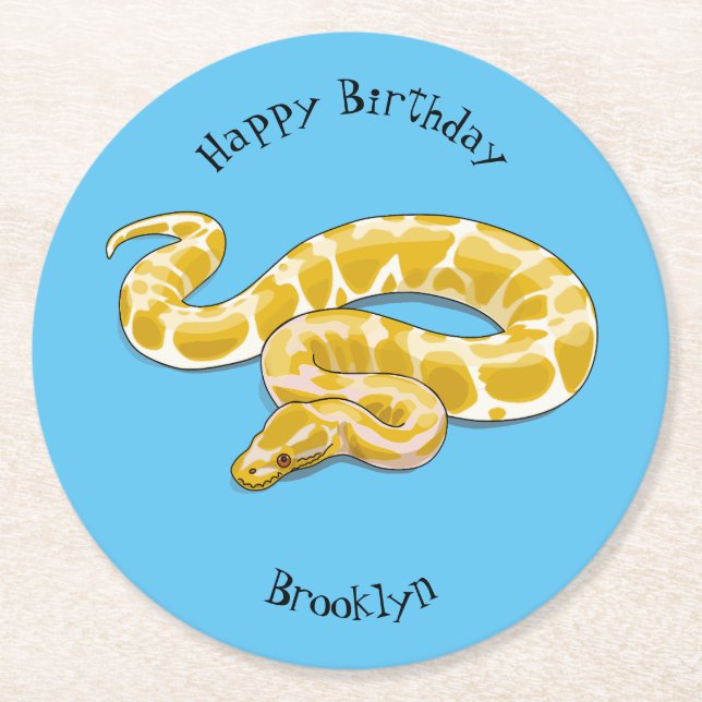 Burmese python snake cartoon illustration round paper coaster (Front)