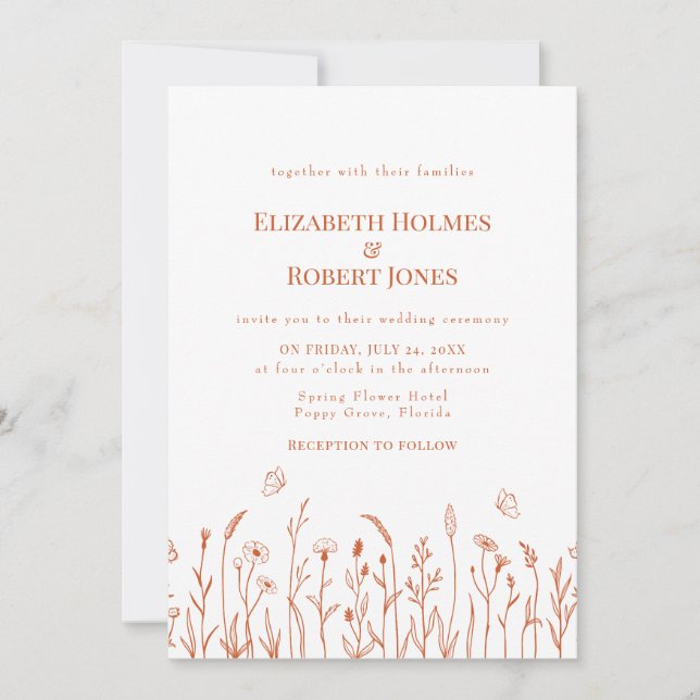 Burn Orange Wildflower Meadow Wedding Invitation (Front)