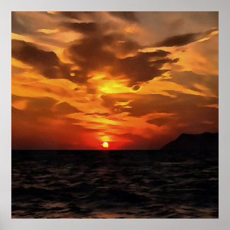 Burned Horizons Sunset Over The Aegean Painting Poster