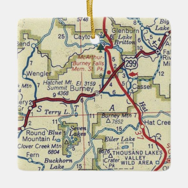 Burney CA Vintage Map Ceramic Ornament (Front)