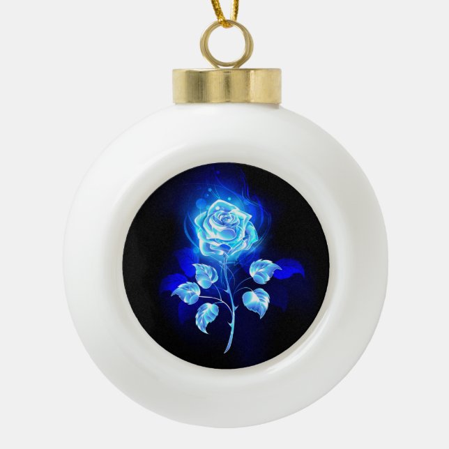 Burning Blue Rose Ceramic Ball Christmas Ornament (Front)