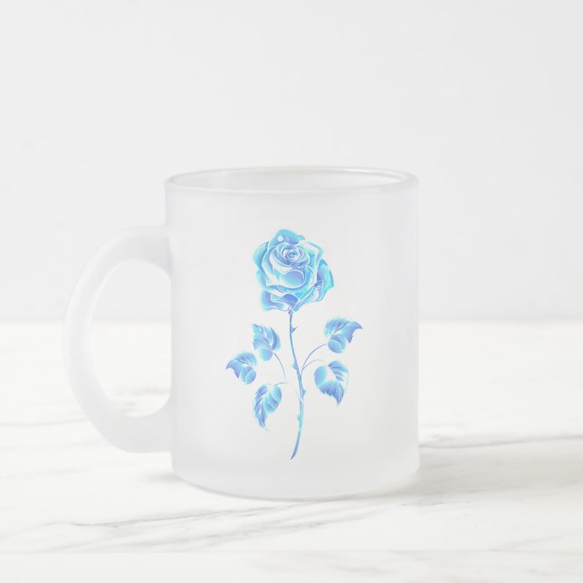 Burning Blue Rose Frosted Glass Coffee Mug (Left)
