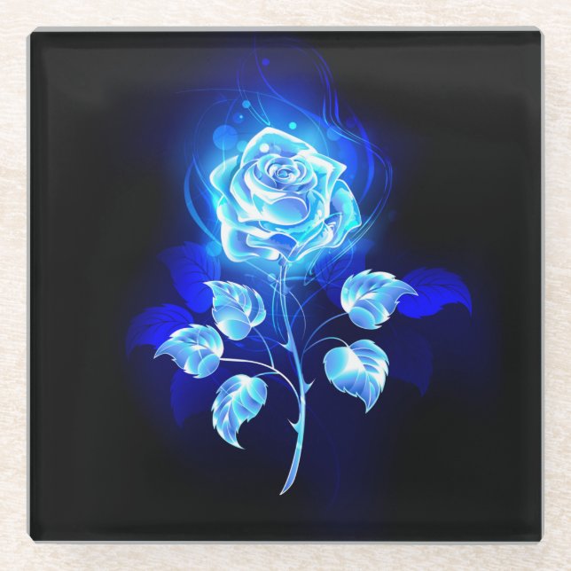 Burning Blue Rose Glass Coaster (Front)