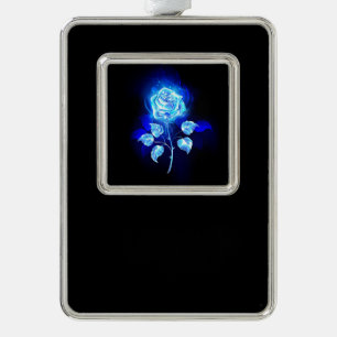 Burning Blue Rose Silver Plated Framed Ornament