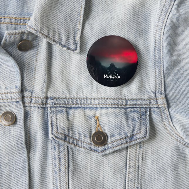 Burning clouds, fog and mountains monogram 6 cm round badge (In Situ)