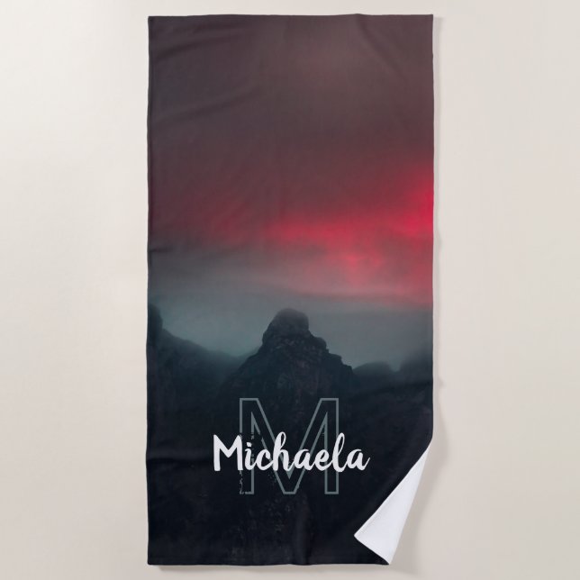 Burning clouds, fog and mountains monogram beach t towel (Front)