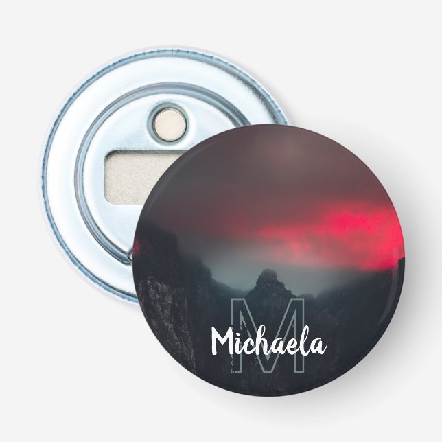 Burning clouds, fog and mountains monogram bottle opener (Front)