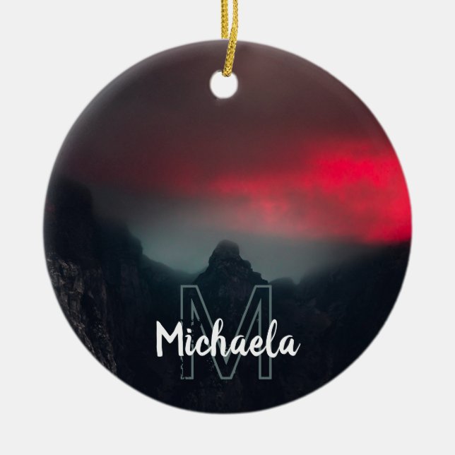 Burning clouds, fog and mountains monogram ceramic tree decoration (Front)