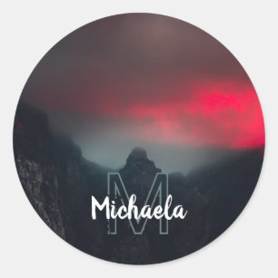 Burning clouds, fog and mountains monogram classic round sticker