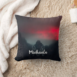 Burning clouds, fog and mountains monogram cushion