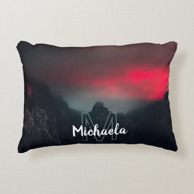 Burning clouds, fog and mountains monogram decorative cushion (Front)