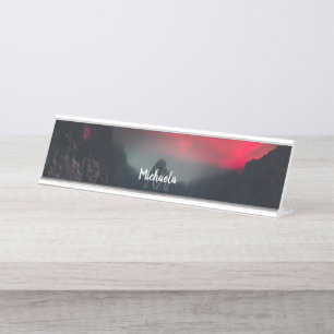 Burning clouds, fog and mountains monogram desk name plate