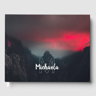 Burning clouds, fog and mountains monogram guest book