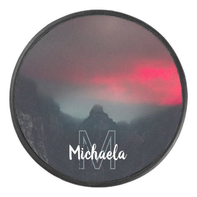 Burning clouds, fog and mountains monogram hockey puck (Front)