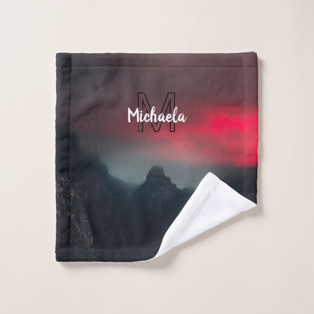 Burning clouds, fog and mountains monogram in sky bath towel set (Wash Cloth)