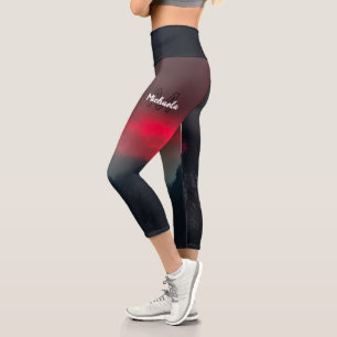 Burning clouds, fog and mountains monogram in sky capri leggings
