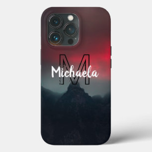 Burning clouds, fog and mountains monogram in sky iPhone 13 pro case