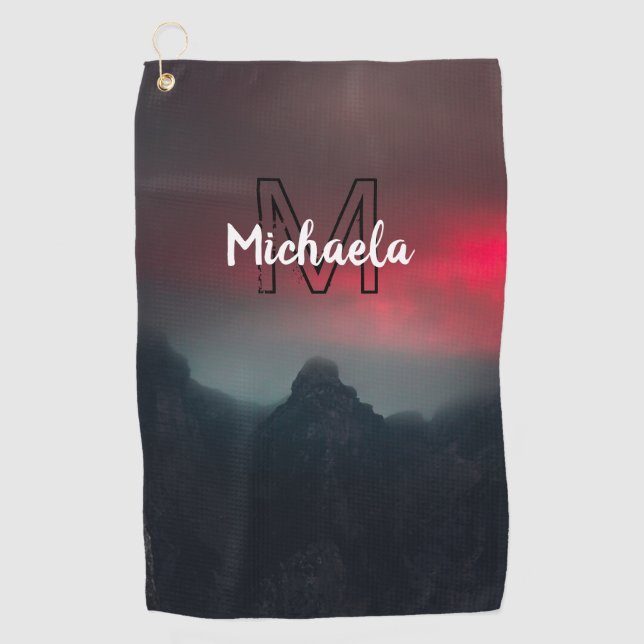 Burning clouds, fog and mountains monogram in sky golf towel (Front)