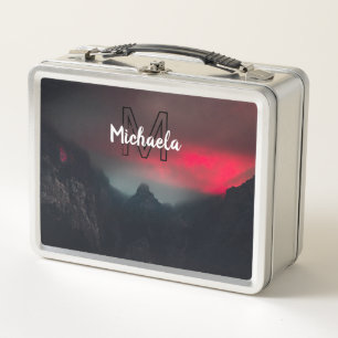 Burning clouds, fog and mountains monogram in sky metal lunch box