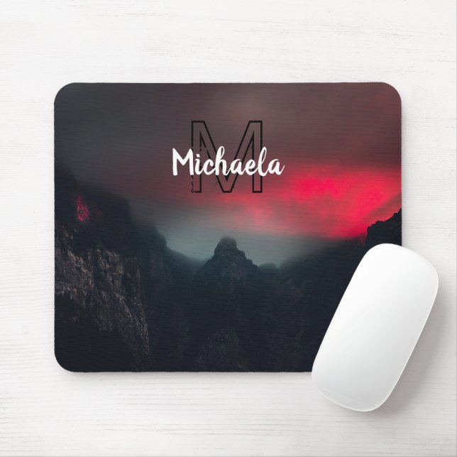 Burning clouds, fog and mountains monogram in sky mouse mat (With Mouse)