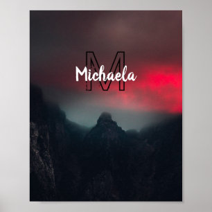 Burning clouds, fog and mountains monogram in sky poster