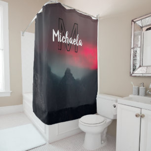 Burning clouds, fog and mountains monogram in sky shower curtain