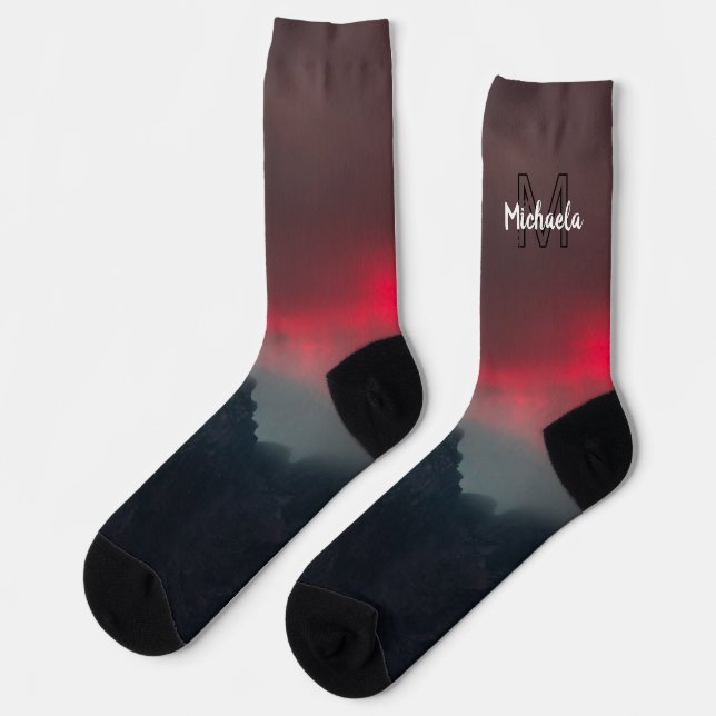 Burning clouds, fog and mountains monogram in sky socks (Left)