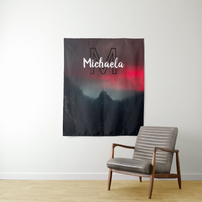 Burning clouds, fog and mountains monogram in sky tapestry (In Situ)