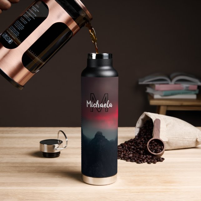 Burning clouds, fog and mountains monogram in sky water bottle (Coffee)