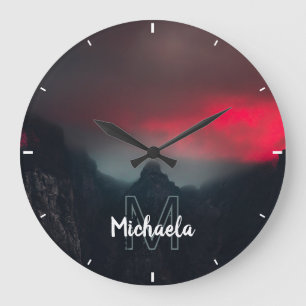 Burning clouds, fog and mountains monogram large clock