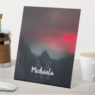 Burning clouds, fog and mountains monogram pedestal sign
