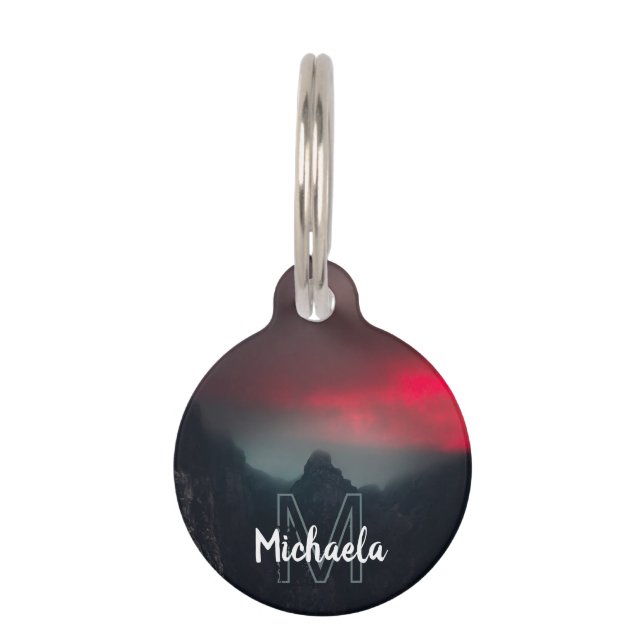 Burning clouds, fog and mountains monogram pet tag (Front)