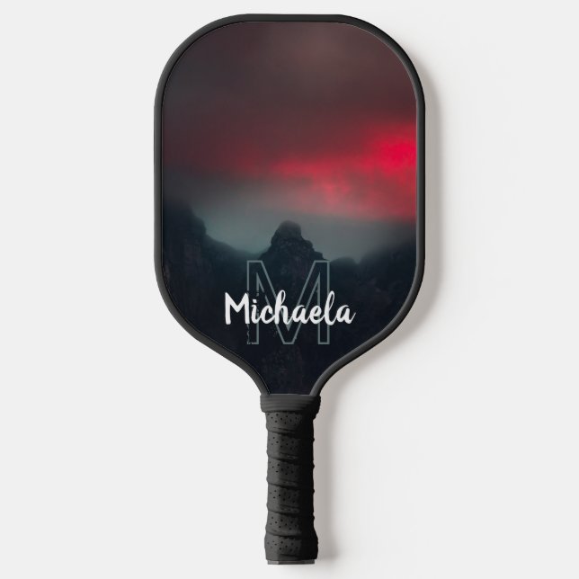 Burning clouds, fog and mountains monogram pickleball paddle (Front)