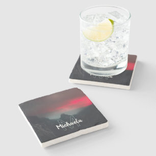 Burning clouds, fog and mountains monogram stone coaster
