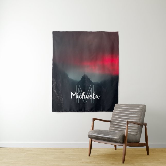 Burning clouds, fog and mountains monogram tapestry (In Situ)