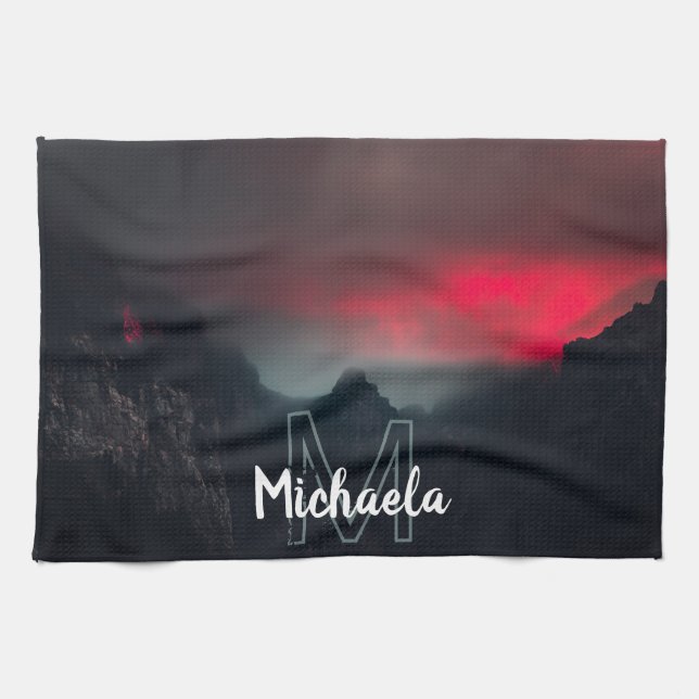 Burning clouds, fog and mountains monogram tea towel (Horizontal)