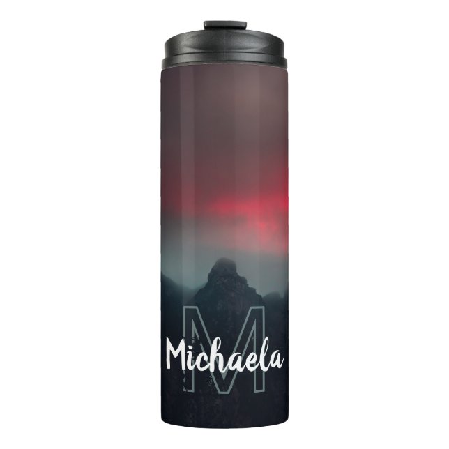 Burning clouds, fog and mountains monogram thermal tumbler (Front)