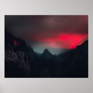 Burning clouds, fog and mountains poster