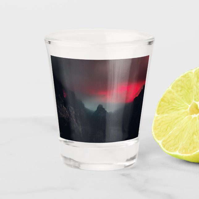 Burning clouds, fog and mountains shot glass (Front)