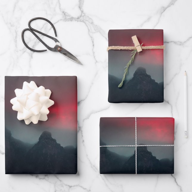 Burning clouds, fog and mountains wrapping paper sheet (Front)
