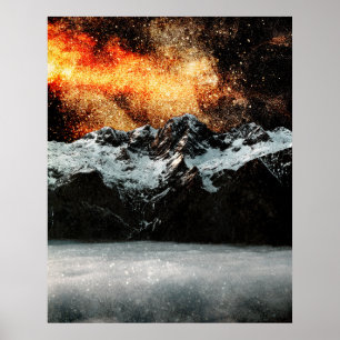 Burning galaxy above majestic mountains poster
