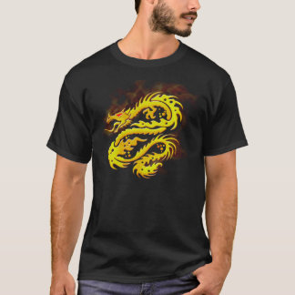 Burning Golden Dragon Art on Black T-Shirt