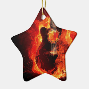 Burning Guitar, Orange Flames Music Rock Band Ceramic Tree Decoration