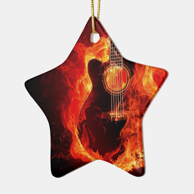 Burning Guitar, Orange Flames Music Rock Band Ceramic Tree Decoration (Left)