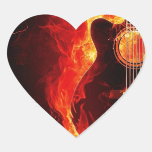 Burning Guitar, Orange Flames Music Rock Band Heart Sticker