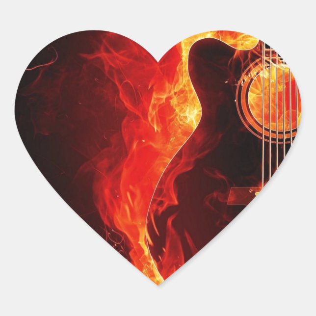 Burning Guitar, Orange Flames Music Rock Band Heart Sticker (Front)