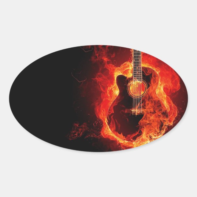 Burning Guitar, Orange Flames Music Rock Band Oval Sticker (Front)