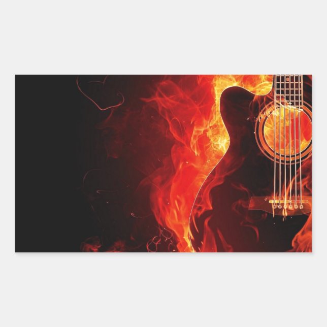 Burning Guitar, Orange Flames Music Rock Band Rectangular Sticker (Front)