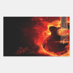 Burning Guitar, Orange Flames Music Rock Band Rectangular Sticker